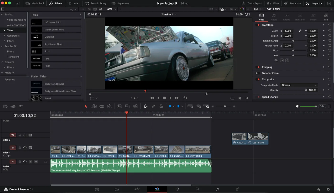 Linha do tempo de edição no DaVinci Resolve